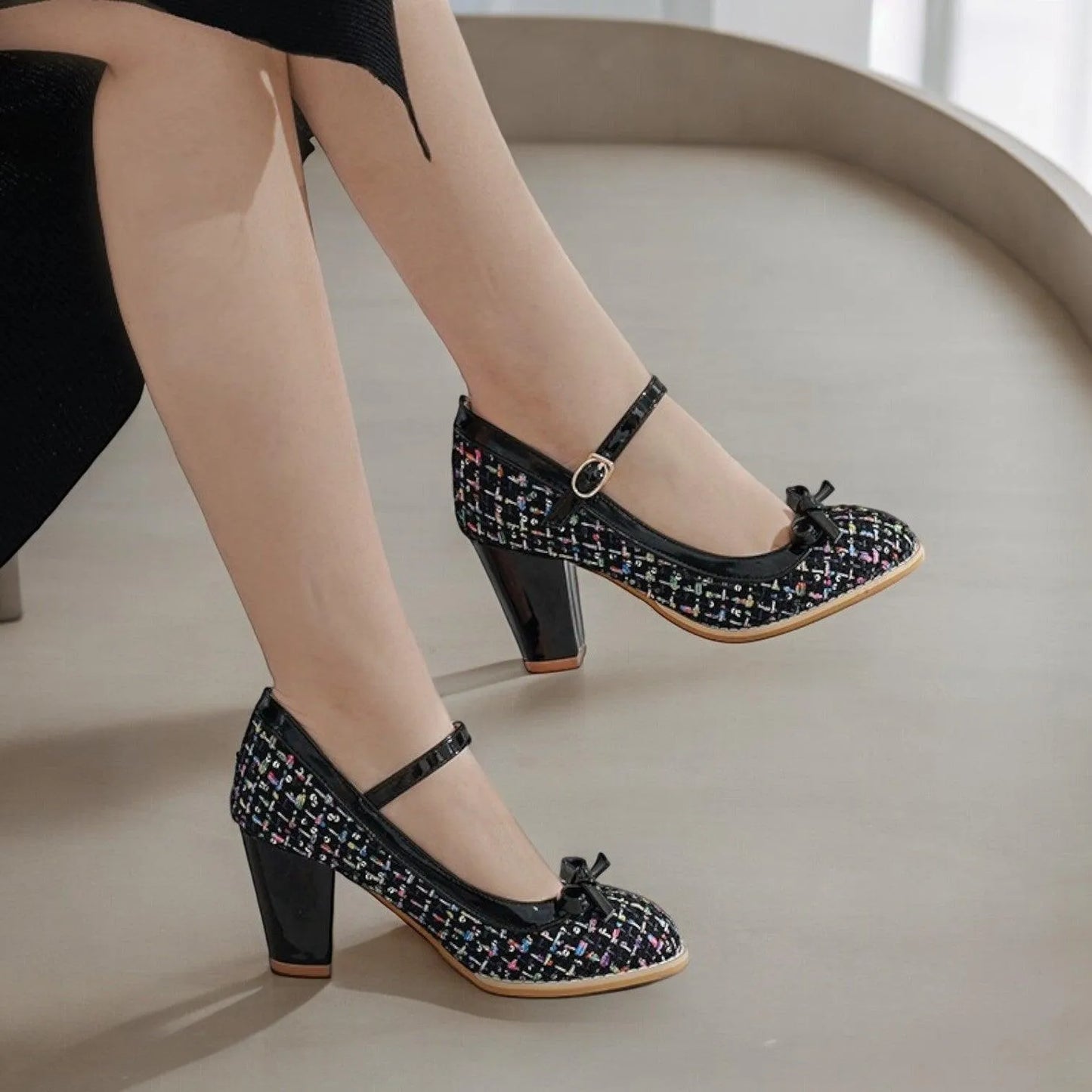 Women's Black Tweed Mary Jane Heels with Bow - Chic Chunky Heel Pumps - Tokiyos