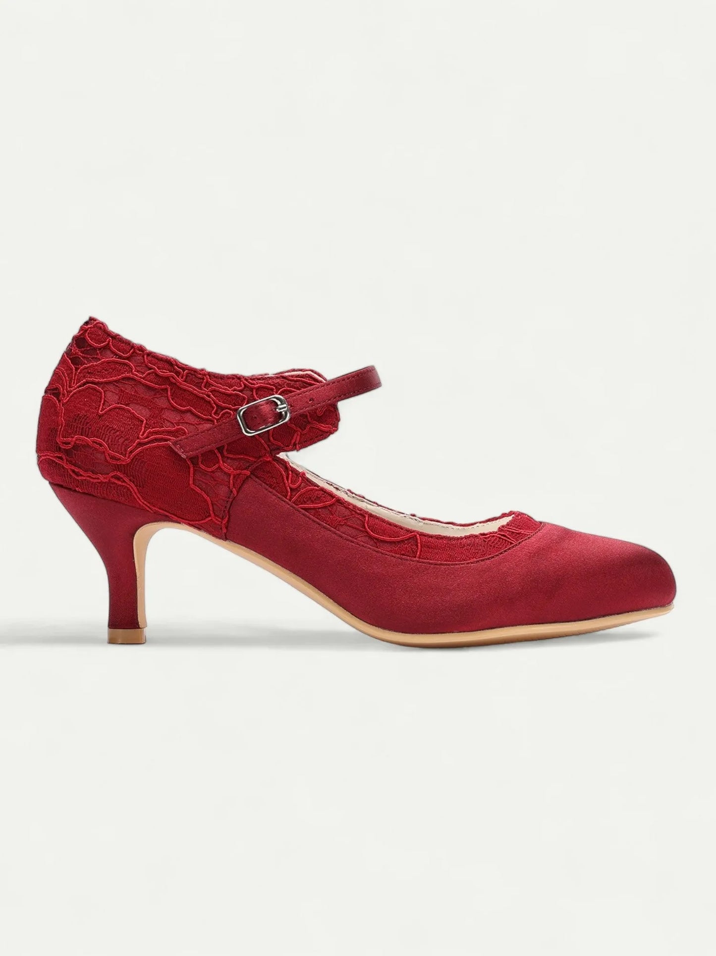 Women's Red Lace Satin Mary Jane Pumps - Stylish Mid Heel Shoes with Buckle Strap