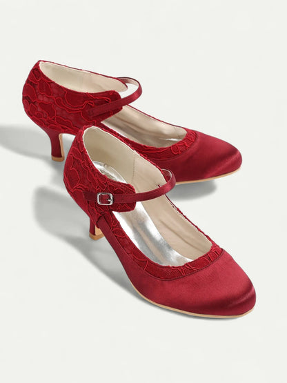 Women's Red Lace Satin Mary Jane Pumps - Stylish Mid Heel Shoes with Buckle Strap