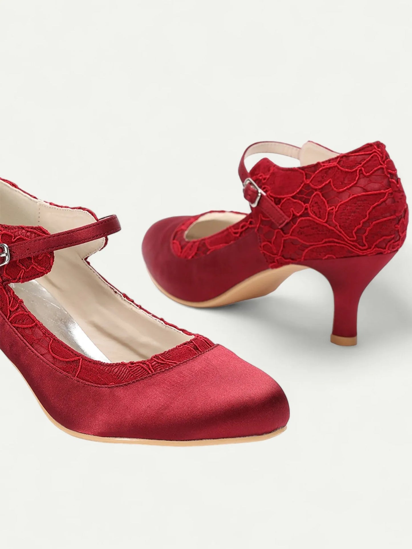 Women's Red Lace Satin Mary Jane Pumps - Stylish Mid Heel Shoes with Buckle Strap