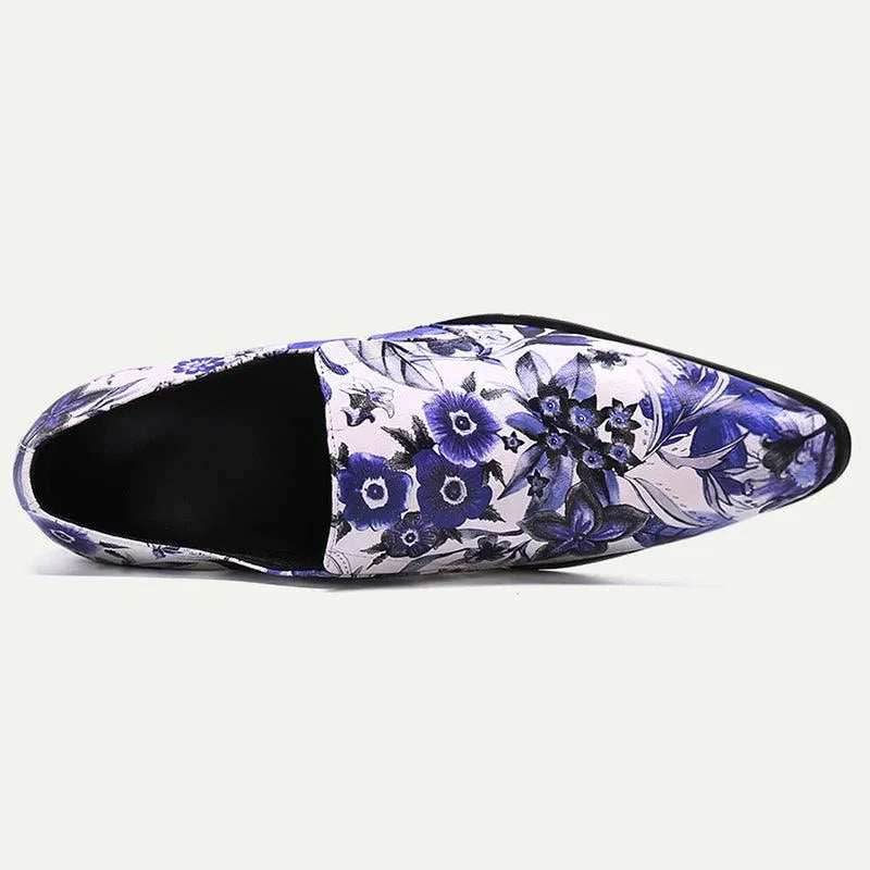 Men's Floral Print Dress Shoes - Blue and White Elegant Oxford Loafers - Tokiyos