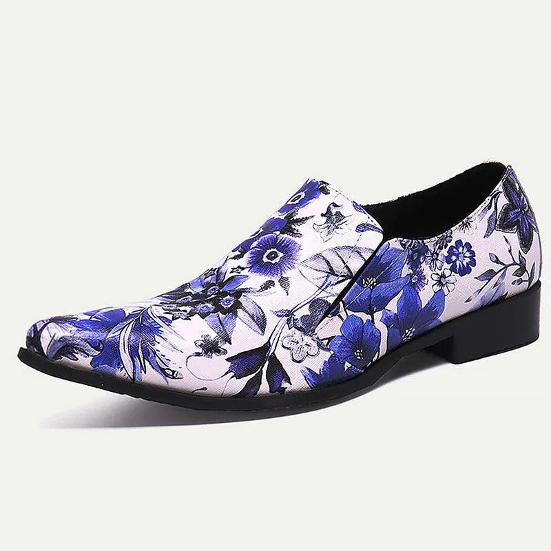 Men's Floral Print Dress Shoes - Blue and White Elegant Oxford Loafers - Tokiyos