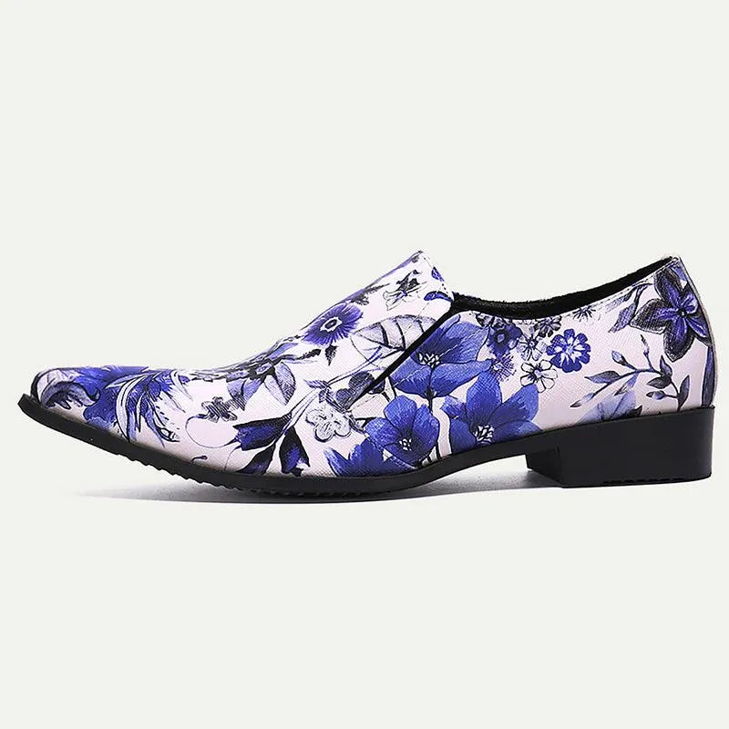 Men's Floral Print Dress Shoes - Blue and White Elegant Oxford Loafers - Tokiyos