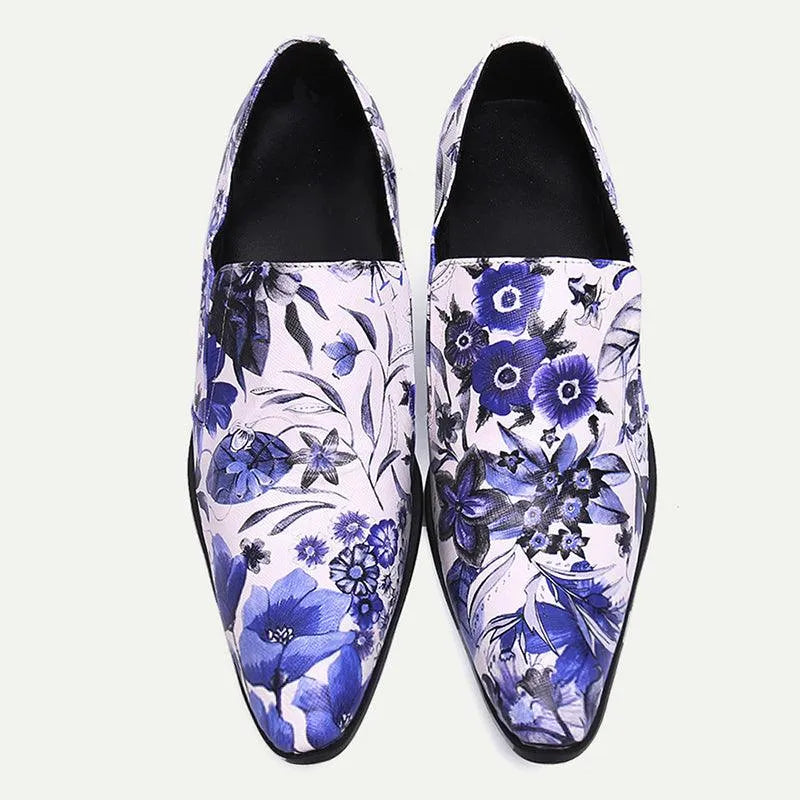 Men's Floral Print Dress Shoes - Blue and White Elegant Oxford Loafers - Tokiyos