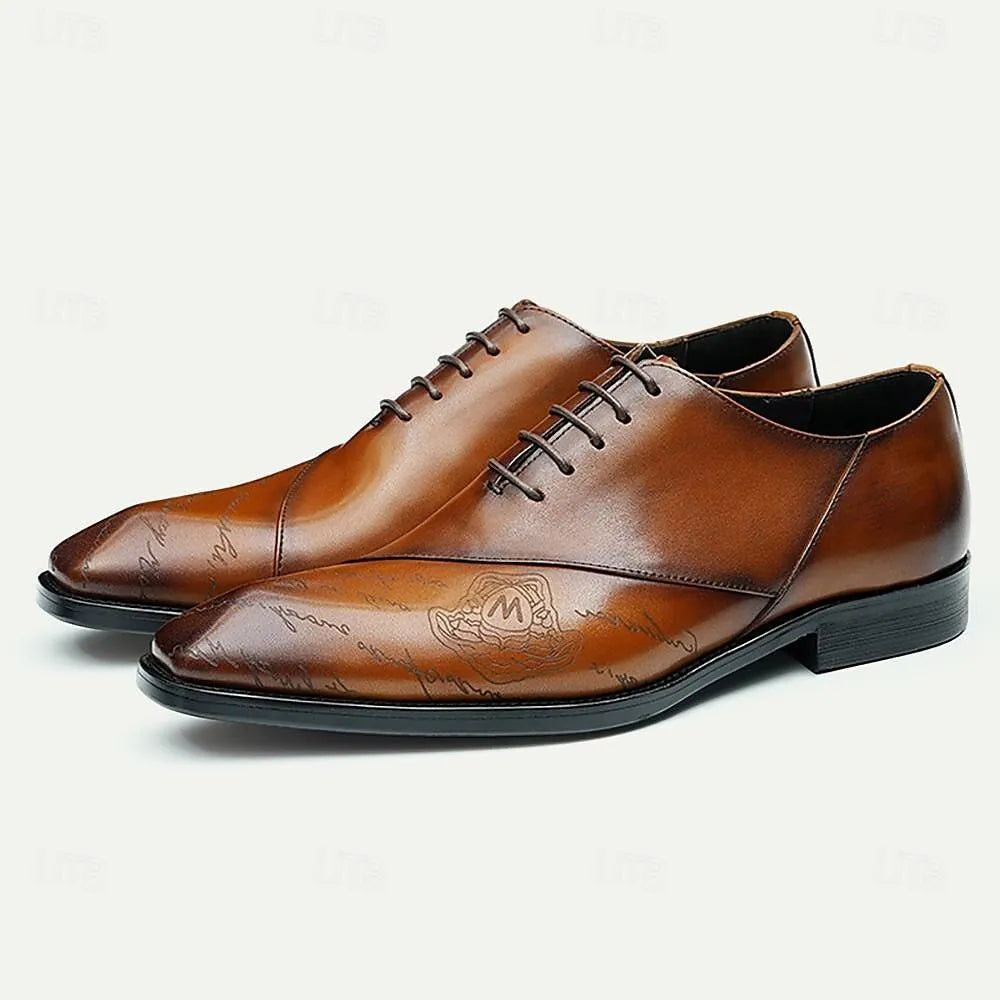 Men's Brown Leather Lace-Up Dress Shoes with Embossed - Tokiyos