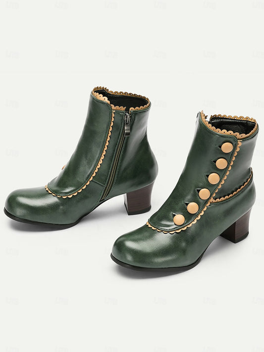 Victorian Vintage Green Leather Ankle Boots for Women -Retro Button Design with Scalloped Trim, Perfect for Fall Fashion