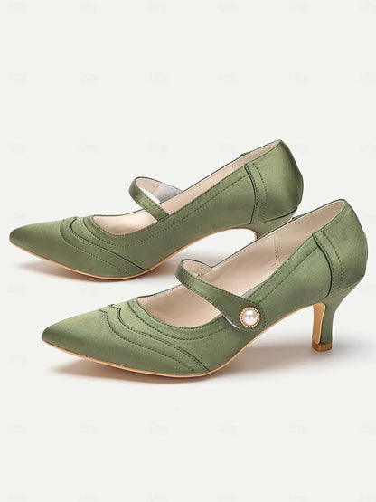 Green Mary Jane Satin Heels with Pearl Button - Elegant Women's Dress Shoes for Formal Events and Office Wear