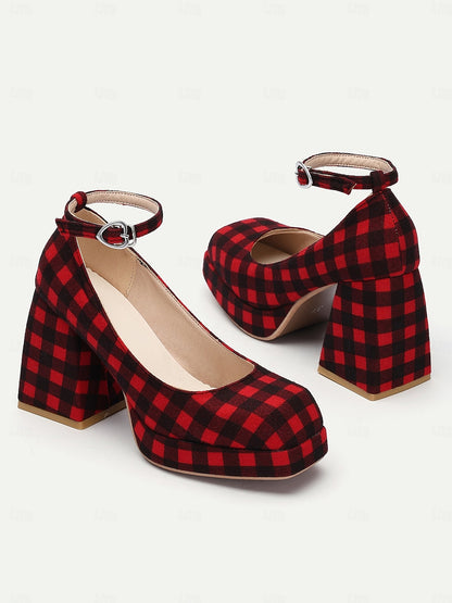 Women's Red Plaid Block Heel Mary Jane Shoes with Ankle Strap, Vintage Style