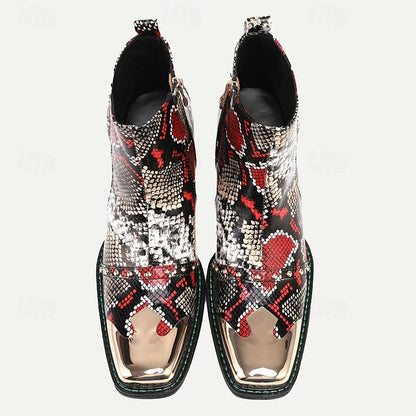 Men's Snake Print Leather Ankle Boots Premium Cowhide Red and Black Exotic Design