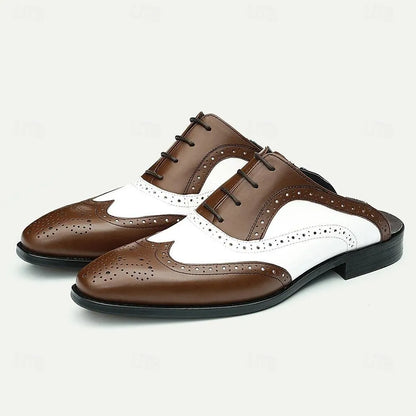 Men's Vintage Brown & White Leather Brogue Mules - Tokiyos