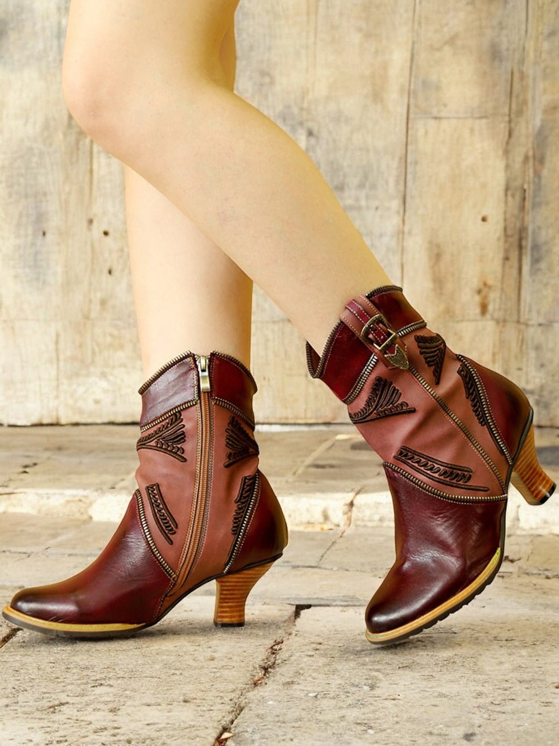 Women's Vintage Brown and Burgundy Leather Ankle Boots with Zipper, Buckle Strap