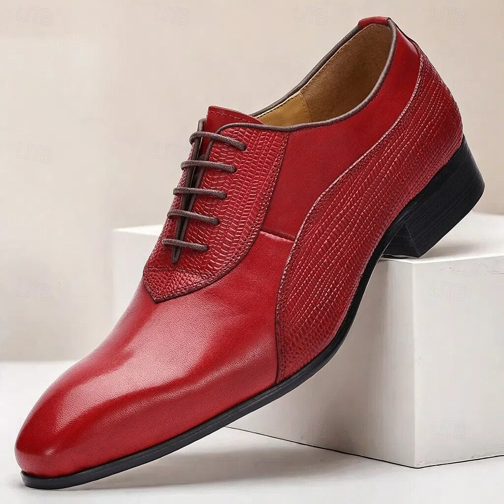 Men's Red Premium Cowhide Oxford Shoes-Classic Lace-Up Formal Leather Dress Shoes with Textured Details for Special Occasions