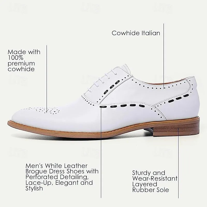 Men's White Leather Brogue Oxford Shoes - Tokiyos