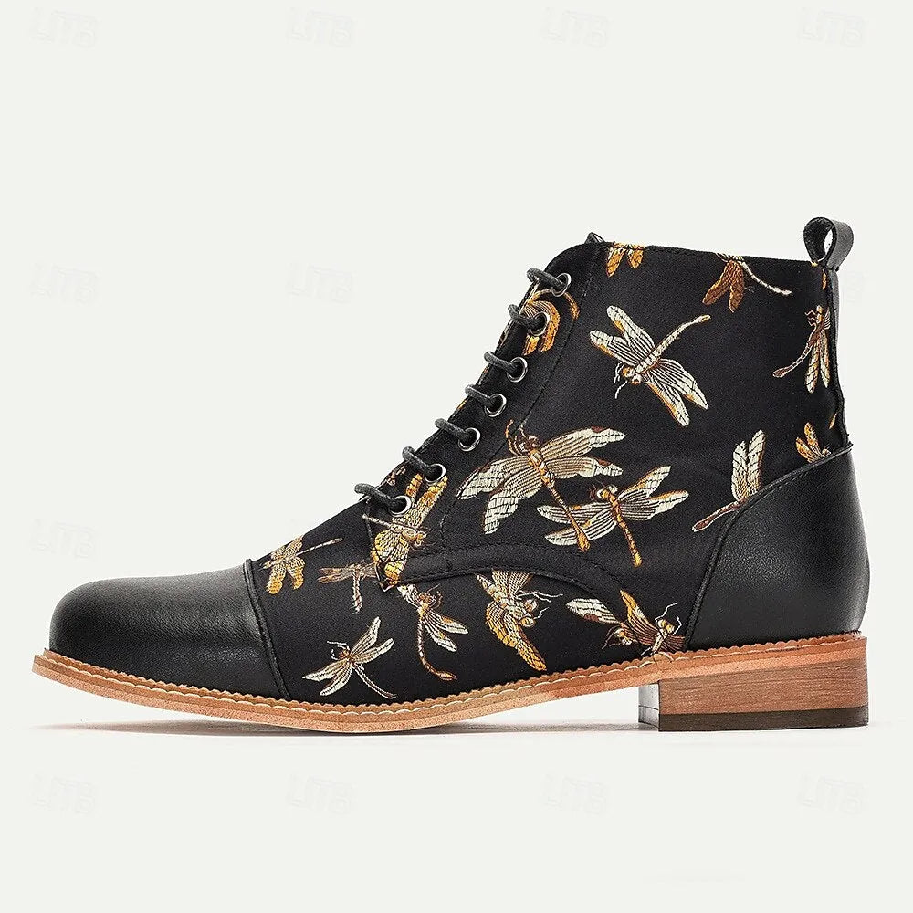 Men's Premium Cowhide Lace-Up Boots with Dragonfly Embroidery and Leather Toe Cap