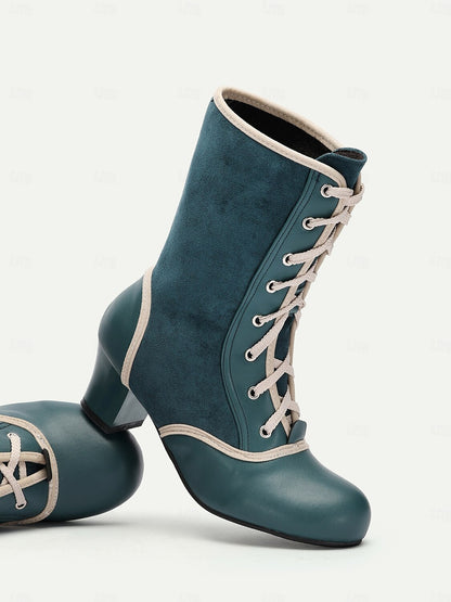 Women's Vintage Lace-Up Mid Heel Boots in Teal with Faux Suede and Faux Leather Panels – Ideal for Retro-Inspired Fashion, Cosplay, or Victorian-Style Costumes