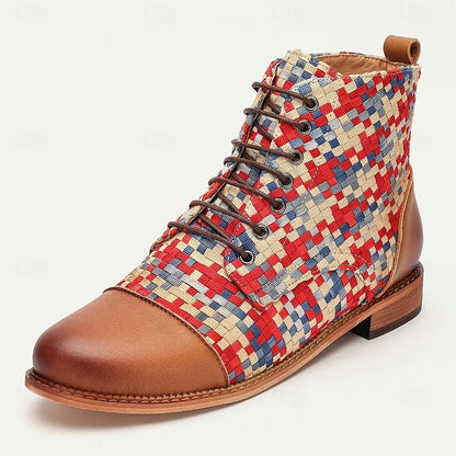 Men's Premium Woven Fabric and Leather Lace-Up Boots with Red and Blue Checkered Pattern and Leather Toe Cap