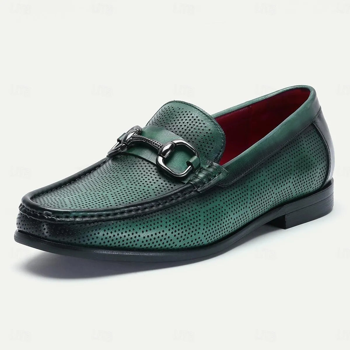 Men's Loafers Perforated Green Leather Silver Horsebit - Tokiyos