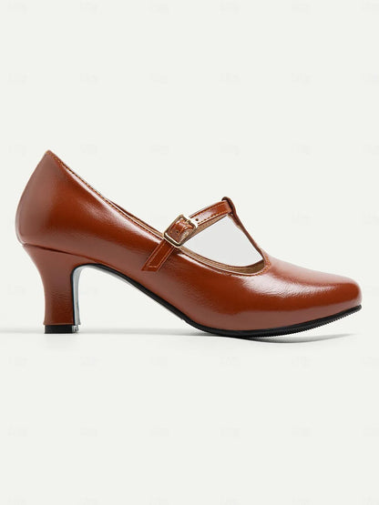 Women's Brown T-Strap Mary Jane Pumps with Mid Heel - Classic Vintage Style Dress Shoes for Formal and Casual Wear