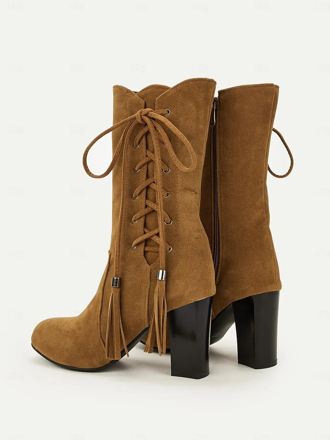 Women's Brown Suede Lace-Up Mid-Calf Boots with Zipper and Tassel Details - Stylish High Heel Boots for Fall and Winter