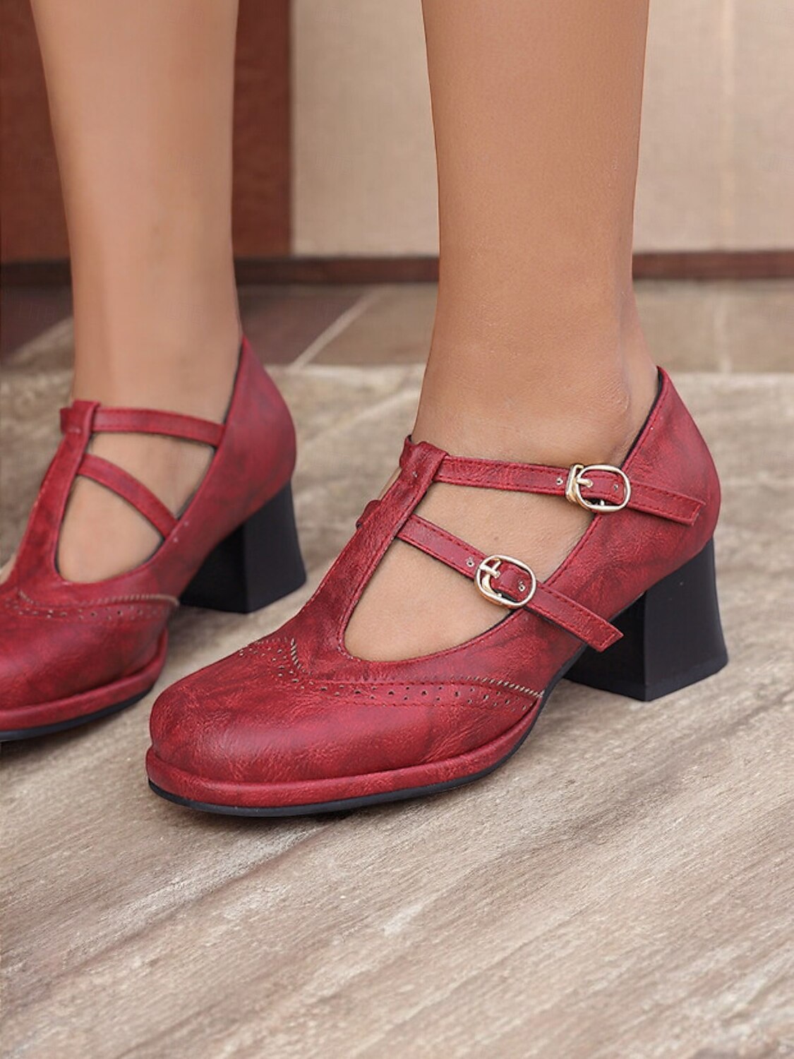 Women's Vintage Red Mary Jane Heels – Double Buckle Strap, Retro Block Heel, Perfect for Formal and Casual Occasions