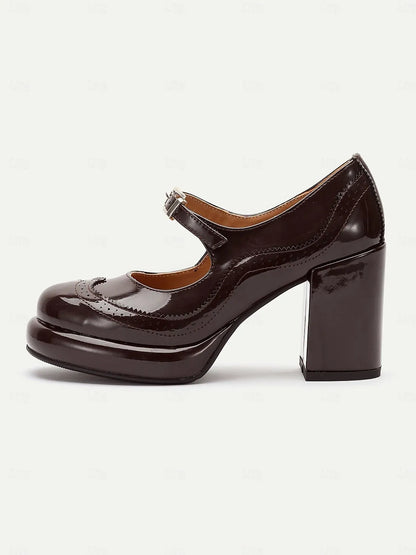 Women's Brown Patent Leather Mary Jane Block Heel Pumps with Brogue Detailing - Vintage-Inspired Dress Shoes for Office and Evening Wear