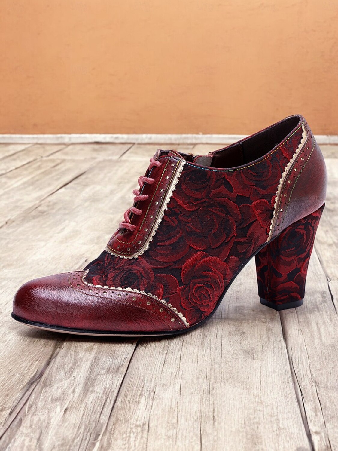 Women's Red Floral Lace-Up Heeled Oxford Shoes-Vintage Brogue Design with Rose Pattern for Retro and Steampunk Styles