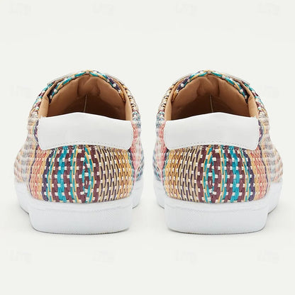 Men's Multicolor Woven Sneakers - Breathable White Lace-Up Casual Shoes