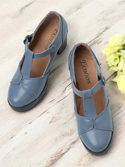 Women's Blue Mary Jane Chunky Heel Shoes - Retro T-Strap Design for Office and Casual Wear