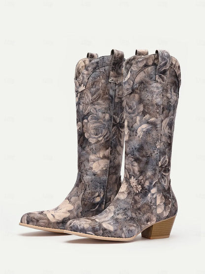 Women's Floral Pattern Western Cowboy Boots with Low Heel, Stylish and Comfortable for Country and Casual Wear