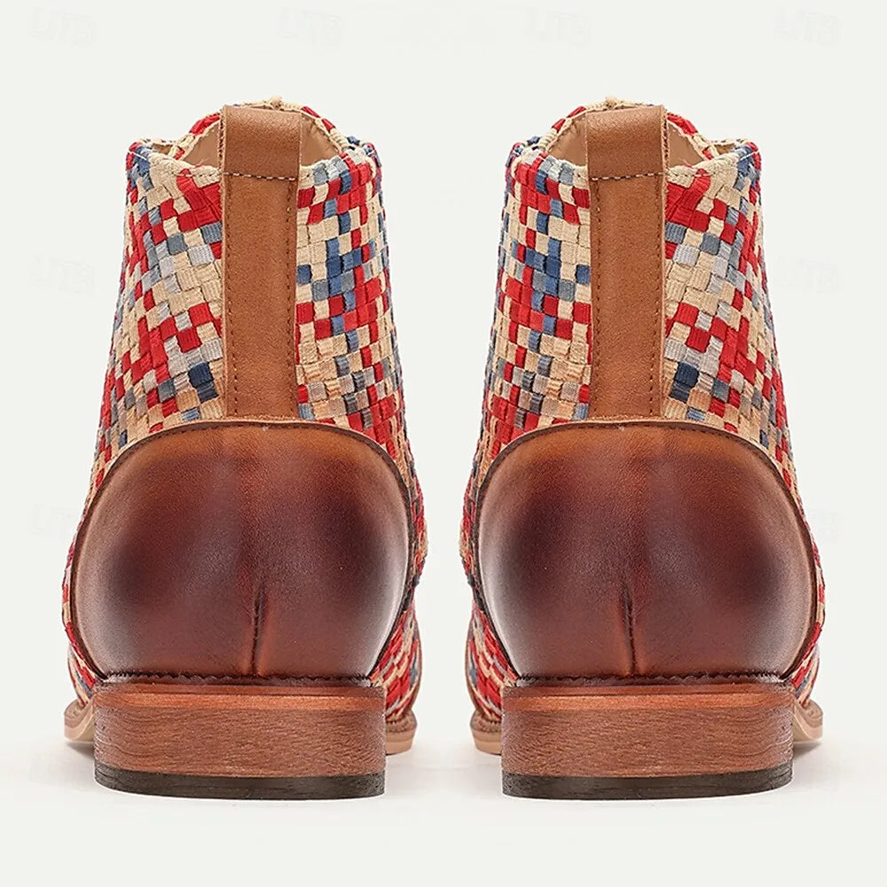 Men's Premium Woven Fabric and Leather Lace-Up Boots with Red and Blue Checkered Pattern and Leather Toe Cap