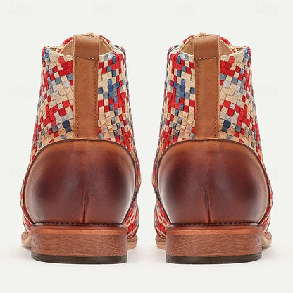 Men's Premium Woven Fabric and Leather Lace-Up Boots with Red and Blue Checkered Pattern and Leather Toe Cap