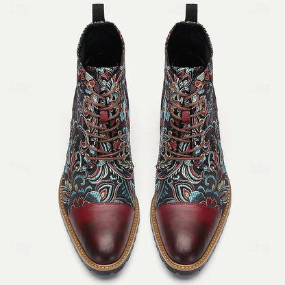 Men's Premium Leather Floral Oxford Boots Bohemian Lace-Up Ankle Boots