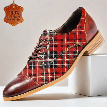 Men's Premium Cowhide Red Plaid Dress Shoes with Brown Accents