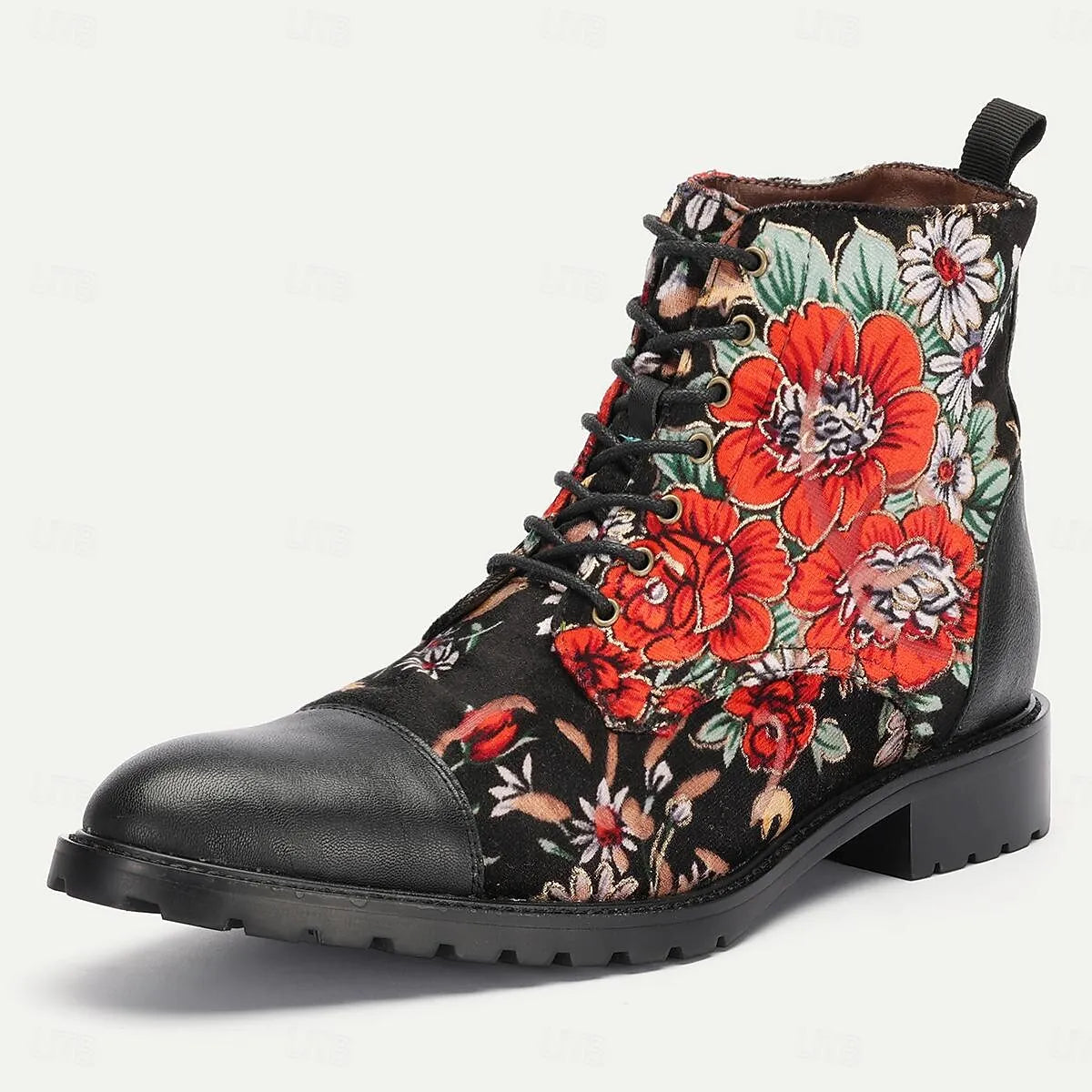 Men's Black Premium Cowhide Lace-Up Boots with Vibrant Red Floral Patterns and Rugged Sole