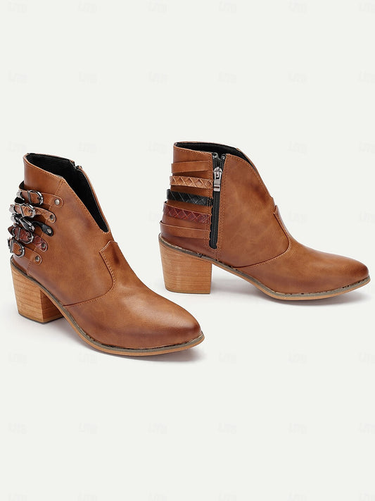 Women's Brown Ankle Boots with Multi-Buckle Detail, Block Hee