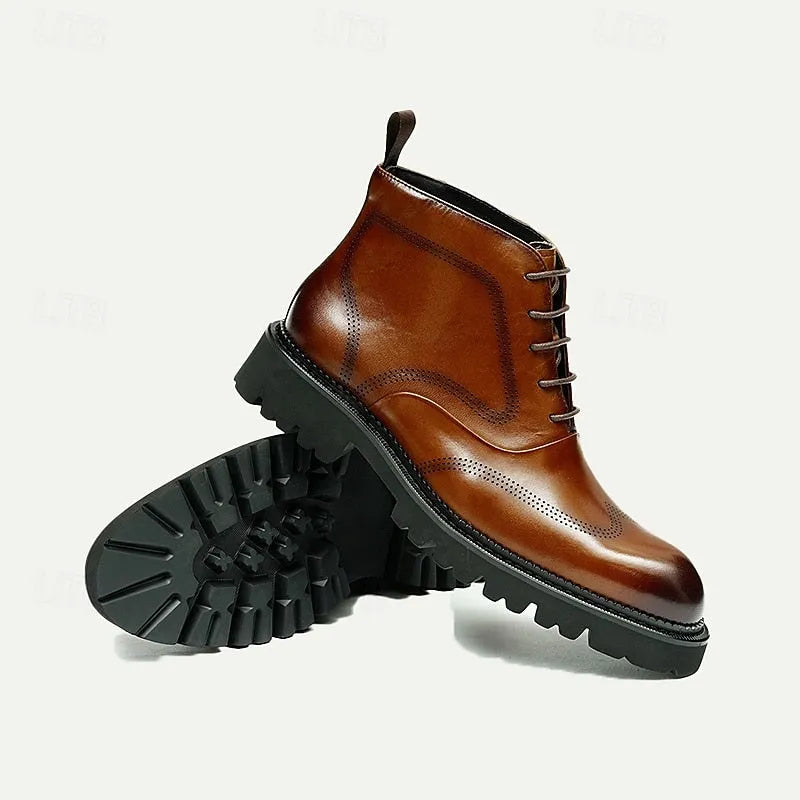 Men's Premium Cowhide Leather Brogue Ankle Boots