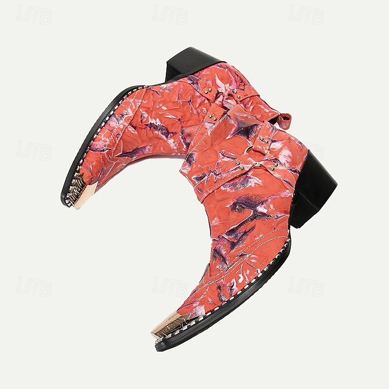 Men's Premium Cowhide Motorcycle Boots with Floral Design and Metal Toe Cap - Western Ankle Boots for Riding and Casual Wear