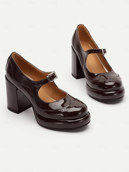 Women's Brown Patent Leather Mary Jane Block Heel Pumps with Brogue Detailing - Vintage-Inspired Dress Shoes for Office and Evening Wear