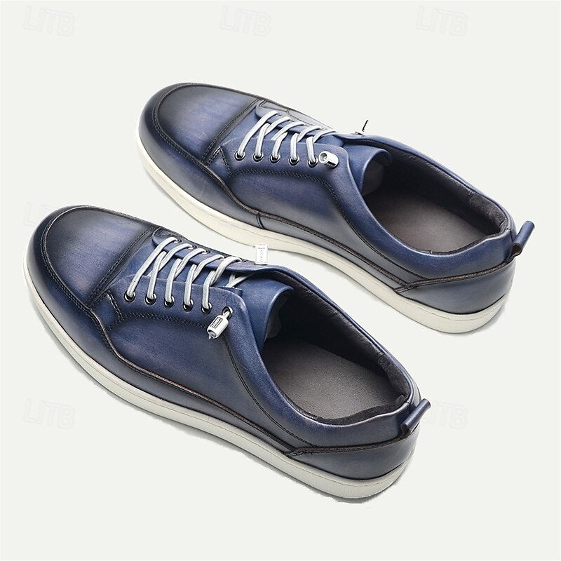 Men's Premium Cowhide Leather Casual Sneakers with Lace-Up Design and White Sole