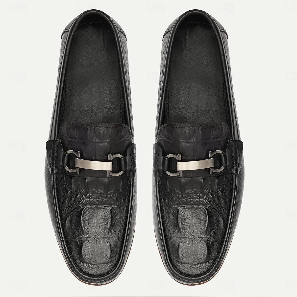 Men's Black Leather Crocodile Loafers with Metal Buckle - Tokiyos