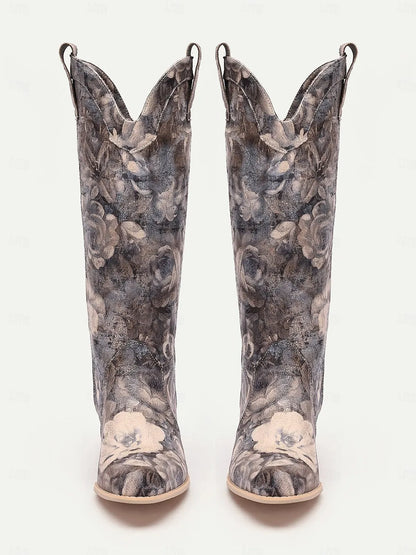 Women's Floral Pattern Western Cowboy Boots with Low Heel, Stylish and Comfortable for Country and Casual Wear