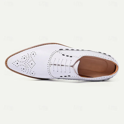 Men's White Leather Brogue Oxford Shoes - Tokiyos