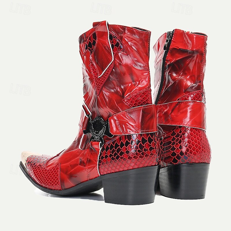 Men's Red Premium Cowhide Motorcycle Boots with Snake Pattern, Metal Toe Cap, and Western Style - Perfect for Riding and Outdoor Adventures