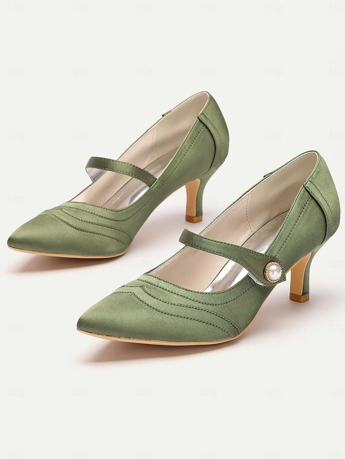 Green Mary Jane Satin Heels with Pearl Button - Elegant Women's Dress Shoes for Formal Events and Office Wear