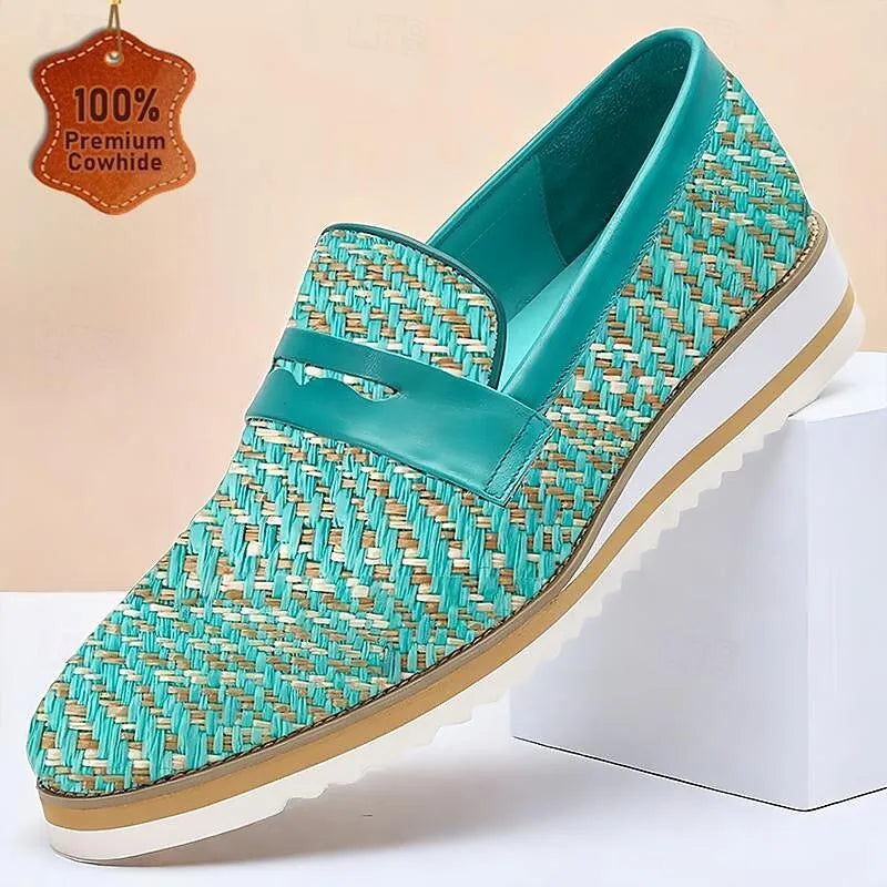 Men's Woven Slip-On Loafers - Casual Shoes with Turquoise Knit Design and Comfortable Sole - Tokiyos