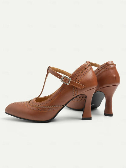 Women's Brown T-Strap Heeled Mary Jane Shoes with Brogue Detailing - Vintage Style High Heel Dress Shoes for Elegant Occasions