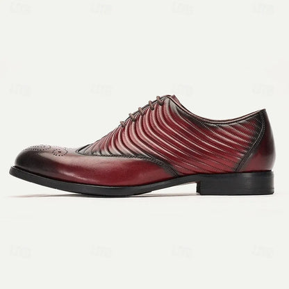 Men's Premium Cowhide Burgundy Oxford Shoes with Ribbed Design and Perforated Detailing