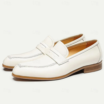 Men's White Leather Loafers with Perforated Detail - Tokiyos