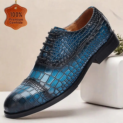 Men's Blue Crocodile Embossed Cowhide Leather Oxford Shoes-Elegant Lace-Up Dress Shoes for Formal Events and Business Wear