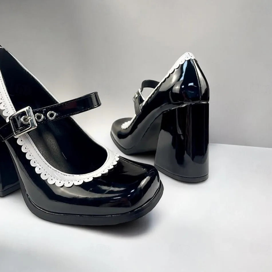 Black Patent Leather Mary Jane Shoes- Women's Vintage Style Heels - Tokiyos